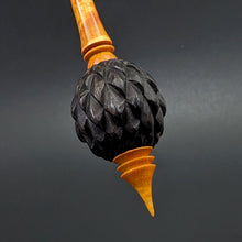 Load image into Gallery viewer, Dragon egg bead spindle in African blackwood and hand dyed curly maple