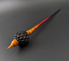Load image into Gallery viewer, Dragon egg bead spindle in African blackwood and hand dyed curly maple