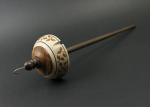 Drop spindle in curly maple, amboyna burl, and walnut