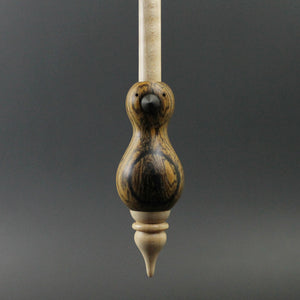 Bird bead spindle in bocote and curly maple