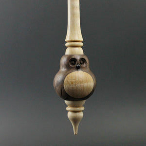 Owl bead spindle in walnut, ebony, and curly maple