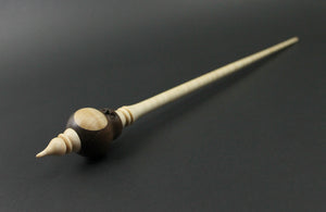 Owl bead spindle in walnut, ebony, and curly maple