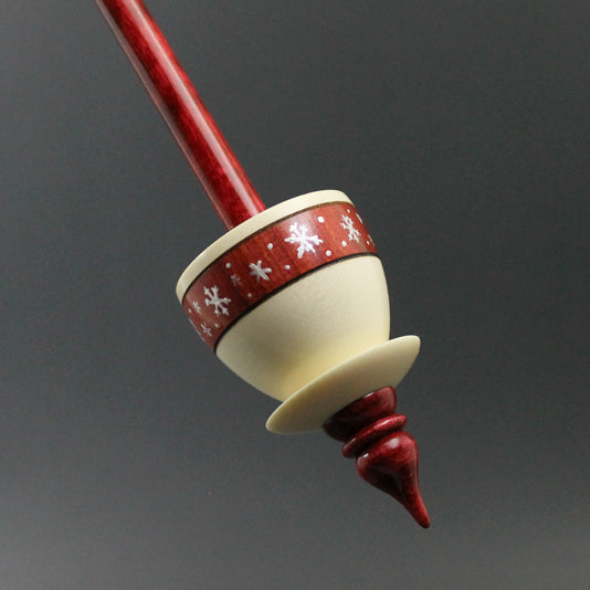 Teacup spindle in holly, redheart, and hand dyed curly maple