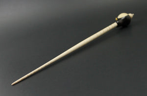 Bird bead spindle in Indian ebony, holly, and curly maple