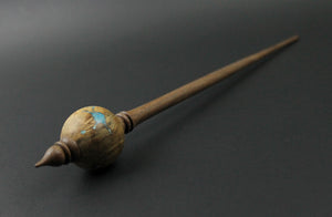 Bead spindle in maple burl and walnut with turquoise inlay