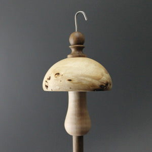 Mushroom drop spindle in mappa burl, curly maple, and walnut