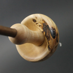Mushroom drop spindle in mappa burl, curly maple, and walnut
