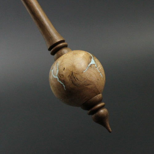 Bead spindle in maple burl and walnut with turquoise inlay