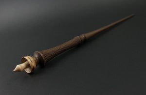 Wand spindle in walnut, mappa burl, and curly maple