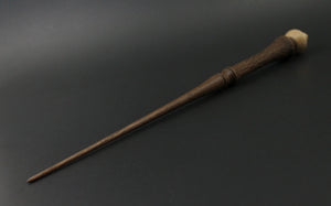 Wand spindle in walnut, mappa burl, and curly maple