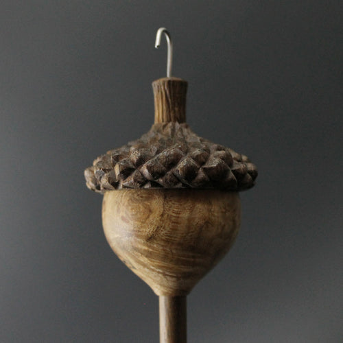 Acorn drop spindle in maple burl and walnut