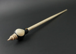 Bird bead spindle in frogwood, holly, and curly maple