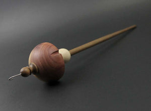 Mushroom drop spindle in red cedar, curly maple, and walnut