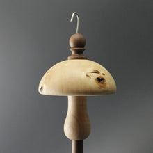 Load image into Gallery viewer, Mushroom drop spindle in mappa burl, curly maple, and walnut