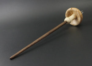Mushroom drop spindle in birdseye maple, holly, and walnut