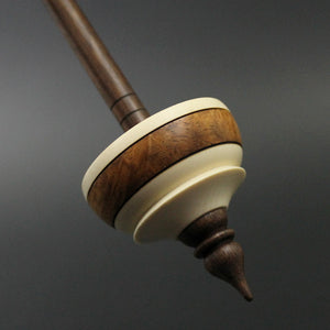 Tibetan style spindle in holly, amboyna  burl, and walnut
