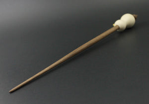 Bird bead spindle in holly, yellowheart, and walnut