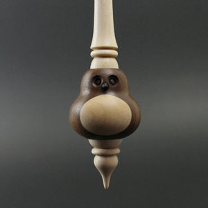 Owl bead spindle in walnut, Indian ebony, and curly maple