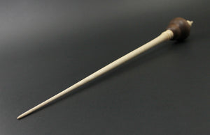 Owl bead spindle in walnut, Indian ebony, and curly maple