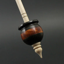 Load image into Gallery viewer, Cauldron spindle in Indian ebony, hand dyed maple burl, and curly maple