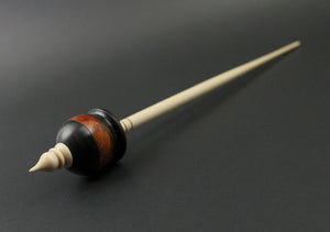 Cauldron spindle in Indian ebony, hand dyed maple burl, and curly maple