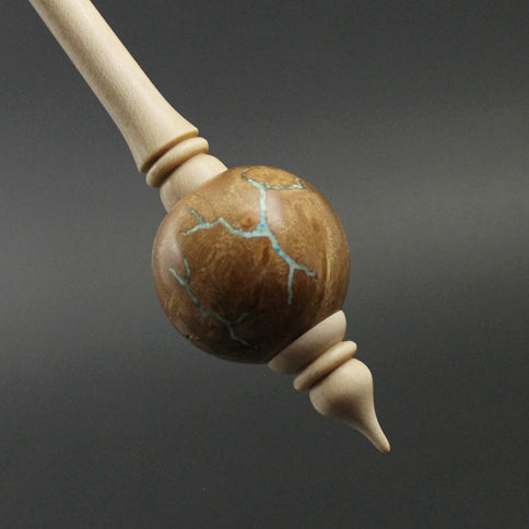Bead spindle in maple burl and curly maple with turquoise inlay