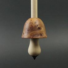 Load image into Gallery viewer, Mushroom support spindle in redwood burl and curly maple (&lt;font color=&quot;red&quot;&lt;b&gt;RESERVED&lt;/b&gt;&lt;/font&gt; for Emily)