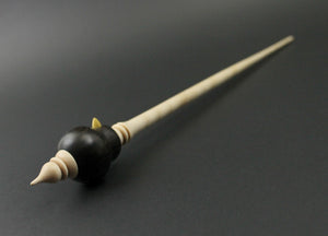 Bird bead spindle in Indian ebony, yellowheart, and curly maple