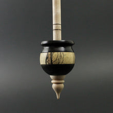 Load image into Gallery viewer, Cauldron spindle in Indian ebony, spalted tamarind, and curly maple