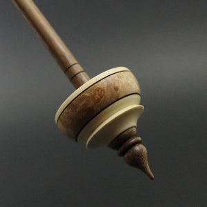 Tibetan style spindle in holly, maple burl, and walnut