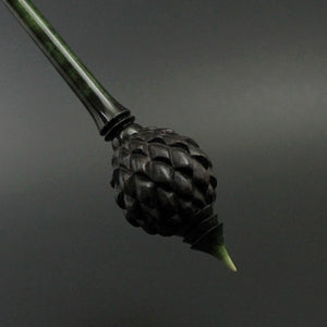 Dragon egg bead spindle in Indian ebony and hand dyed curly maple