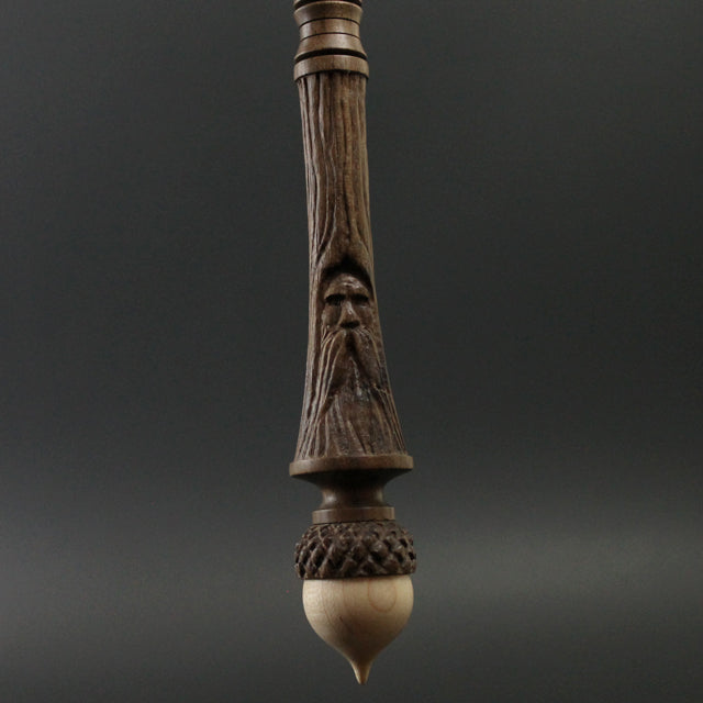 Oak King wand spindle in walnut and curly maple