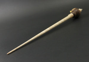Bird bead spindle in walnut and curly maple