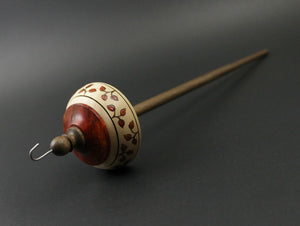 Drop spindle in curly maple, hand dyed maple burl, and walnut