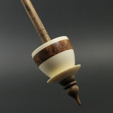 Teacup spindle in holly, thuya burl, and walnut