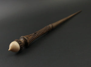 Oak King wand spindle in walnut and curly maple