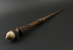 Oak King wand spindle in walnut and curly maple