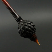 Load image into Gallery viewer, Dragon egg bead spindle in Indian ebony and hand dyed curly maple