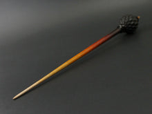 Load image into Gallery viewer, Dragon egg bead spindle in Indian ebony and hand dyed curly maple (&lt;font color=&quot;red&quot;&lt;b&gt;RESERVED&lt;/b&gt;&lt;/font&gt; for Sharon)