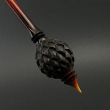Load image into Gallery viewer, Dragon egg bead spindle in Indian ebony and hand dyed curly maple (&lt;font color=&quot;red&quot;&lt;b&gt;RESERVED&lt;/b&gt;&lt;/font&gt; for Sharon)