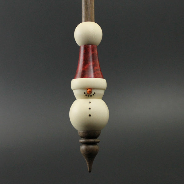 Snowman support spindle in holly, hand dyed birdseye maple, and walnut
