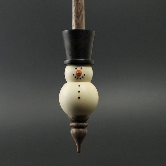 Snowman support spindle in holly, Indian ebony, and walnut