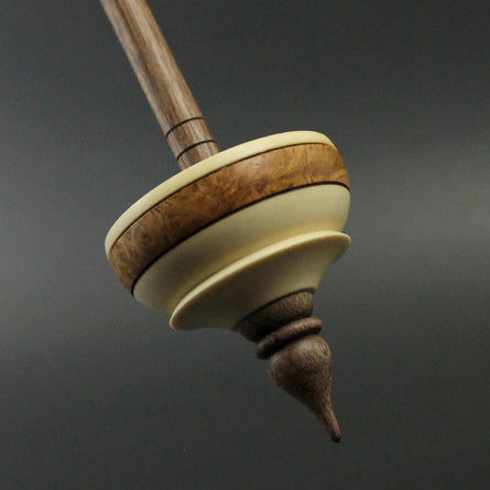 Tibetan style spindle in holly, amboyna burl, and walnut