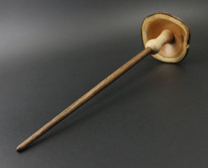 Mushroom drop spindle in yew, curly maple, and walnut