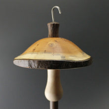 Load image into Gallery viewer, Mushroom drop spindle in Pacific yew, curly maple, and walnut