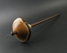 Load image into Gallery viewer, Mushroom drop spindle in Pacific yew, curly maple, and walnut