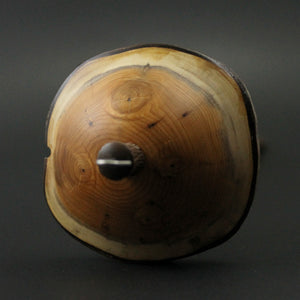 Mushroom drop spindle in Pacific yew, curly maple, and walnut
