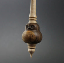 Load image into Gallery viewer, Owl bead spindle in walnut, maple burl, and curly maple