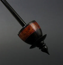 Load image into Gallery viewer, Teacup spindle in Indian ebony, hand dyed maple burl, and hand dyed curly maple