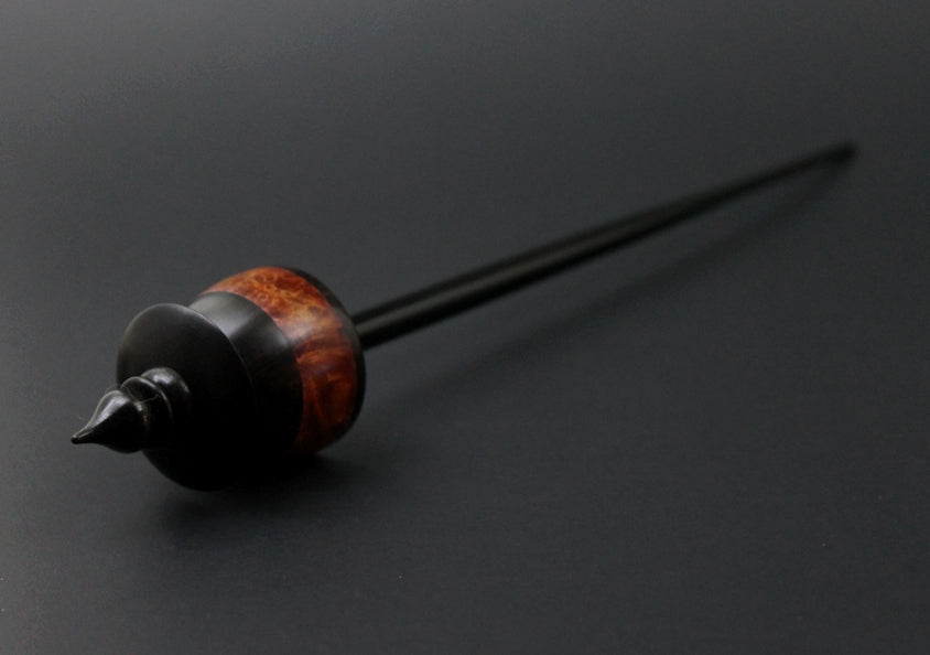 Teacup spindle in Indian ebony, hand dyed maple burl, and hand dyed curly maple